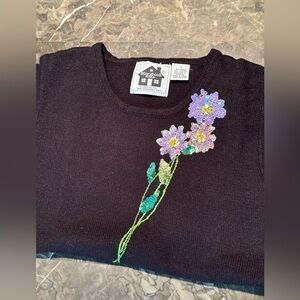 Black Sweater with Purple Floral Design